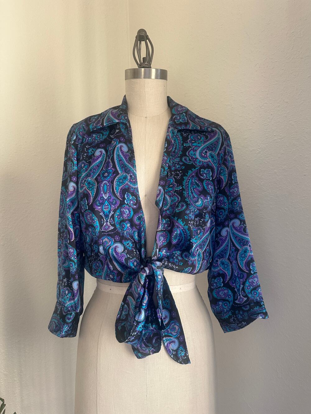 Mirrors Women’s Medium Paisley Tie Front Cropped Blouse Blue Purple